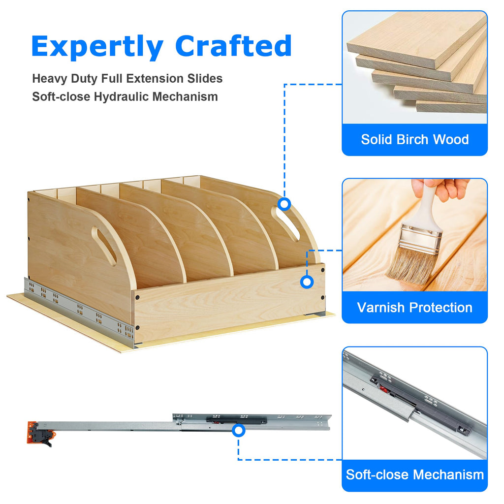 WelFurGeer Birchwood Pot and Pan Organizer with Soft-Close Drawer, Pull Out Cabinet Organizer, Heavy-Duty Slide-Out Storage for Baking Sheets, Cutting Boards, and Kitchen Utensils