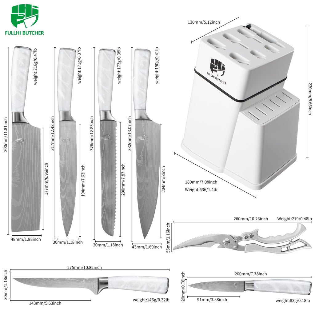 FULLHI 8pcs block Knife Set,chef's Knves Set with Block and Sharpener, Kitchen Knife Set,Multi-colour Handle, Gifts for Men Women
