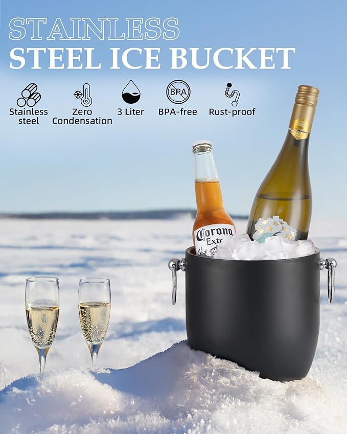 Golden Cudgel Insulated Ice Bucket, 3L Double Wall Stainless Steel Ice Bucket with Tongs,Lid, Scoop and Strainer, Ice Buckets for Parties,Cocktail Bars, Chilling Beer, Champagne, Wine Bottles