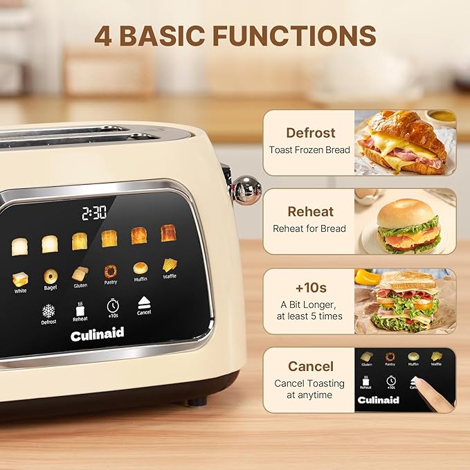 Culinaid Toaster 2 Slice Smart Touch Screen, Retro 1.5'' Extra Wide Slot Stainless Steel Digital Bread Toaster with Memory Function, Bagel, Defrost, 6 Browning Levels and Removable Crumb Tray, Cream