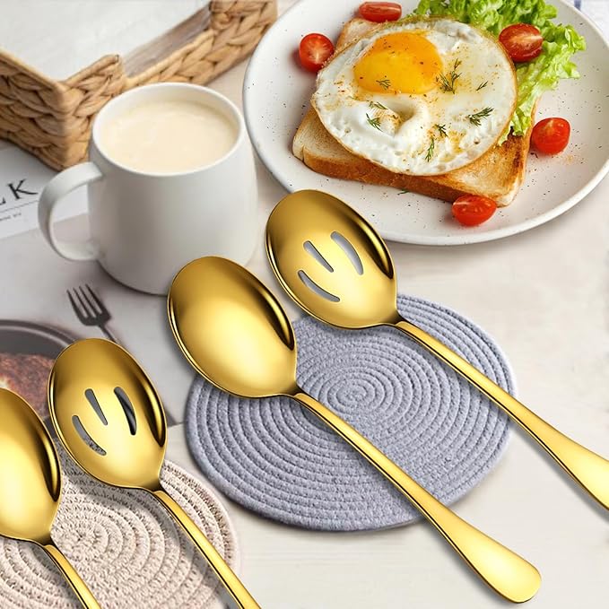 Keyoxy Stainless Steel Serving Spoons Set, 8pc, 10-Inch, Includes 4 Large, 4 Slotted, for Parties/Kitchen/Buffet/Catering, Dishwasher Safe, Gold
