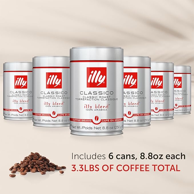 illy Whole Bean Coffee, Classico Medium Roast, 8.8oz, 6 Pack