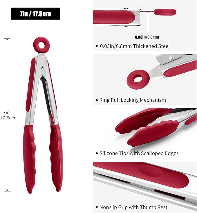 Doosu Kitchen Tongs with Silicone Tips for Cooking Serving (7in, Red)