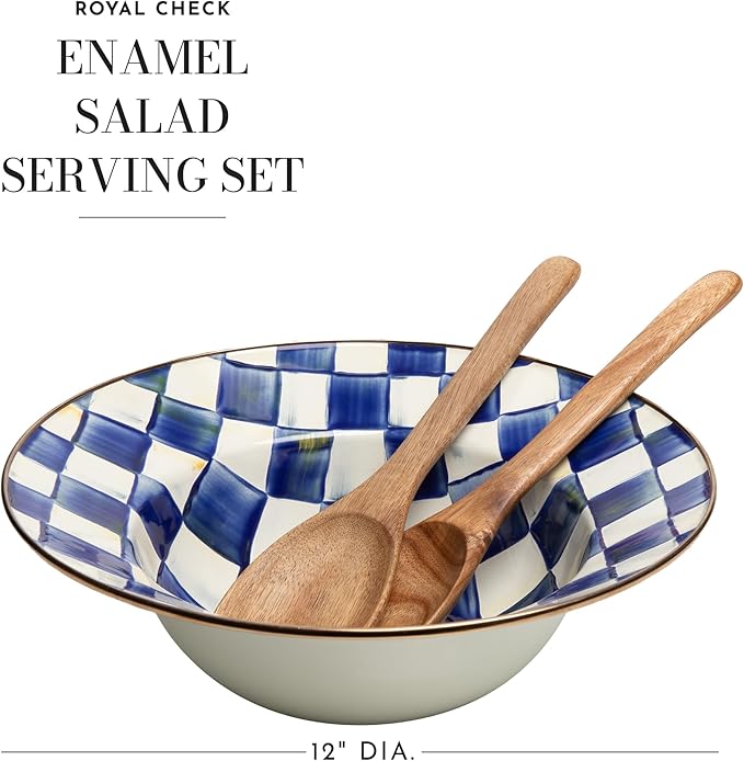 MACKENZIE-CHILDS Enamel Salad Serving Set, Blue-and-White Royal Check