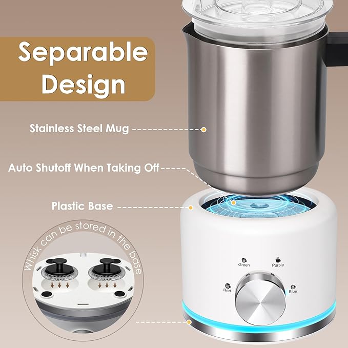 JLFJMGC Milk Frother, 16.9 OZ Milk Frother and Steamer, 4 in 1 Electric Milk Frother Dishwasher Safe Durable Silent Frother for Coffee Hot and Cold Foam Maker (White Stainless)