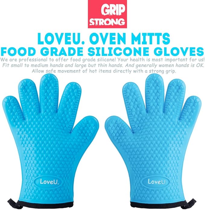 Loveuing Kitchen Oven Gloves - Dual-Layer Heat Resistant Grilling Gloves, Silicone Oven Mitts with 5 Fingers, Waterproof Non-Slip Pot Holder for Barbecue, Cooking, Baking (Small, Blue)