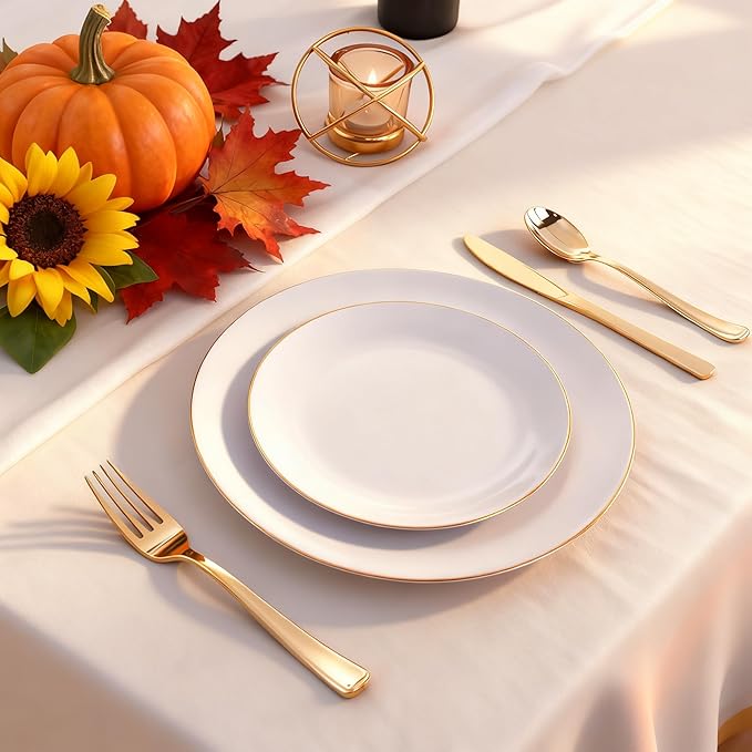 KIRE 60PCS Gold Plastic Plates - Heavy Duty White Disposable Plates with Gold Rim - Include 30Pieces 10.25inch Dinner Plate and 30Pcs 7.5inch Dessert Plate for Wedding/Spring/Graduation/Party