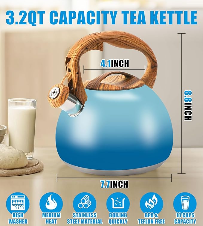 Foedo 3.2Qt Stainless Steel Whistling Tea Kettle Stovetop, Sky Blue
