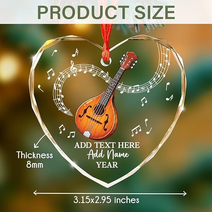 Custom Mandolin Christmas Glass Ornament 2026, Personalized Mandolin Player Xmas Ornament with Text Name & Year, Musical Instrument Christmas Tree Ornaments, Gift for Men Women Mandolinist