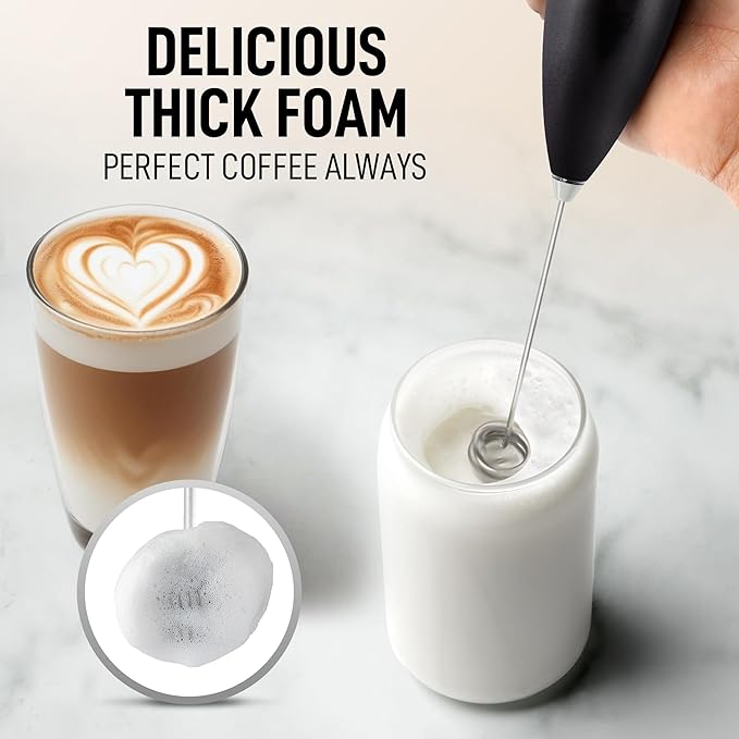 Zulay Kitchen Powerful Milk Frother Wand With Duracell Batteries - Ultra Fast Handheld Drink Mixer - Electric Whisk Foam Maker for Coffee, Lattes, Cappuccino & Matcha - Double Whisk - Metallic Black