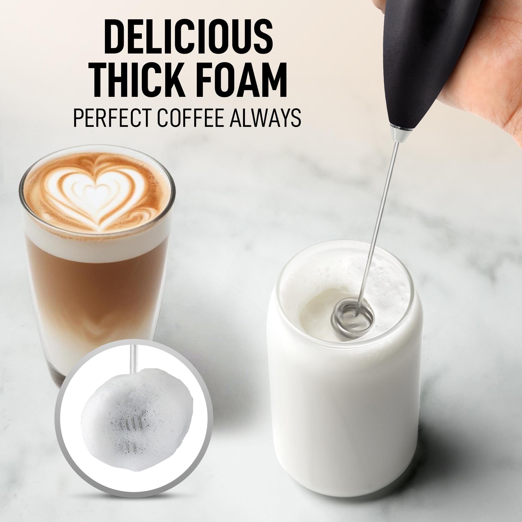 Zulay Kitchen Powerful Milk Frother Wand With Duracell Batteries - Ultra Fast Handheld Drink Mixer - Electric Whisk Foam Maker for Coffee, Lattes, Cappuccino & Matcha - Double Whisk - Metallic Black