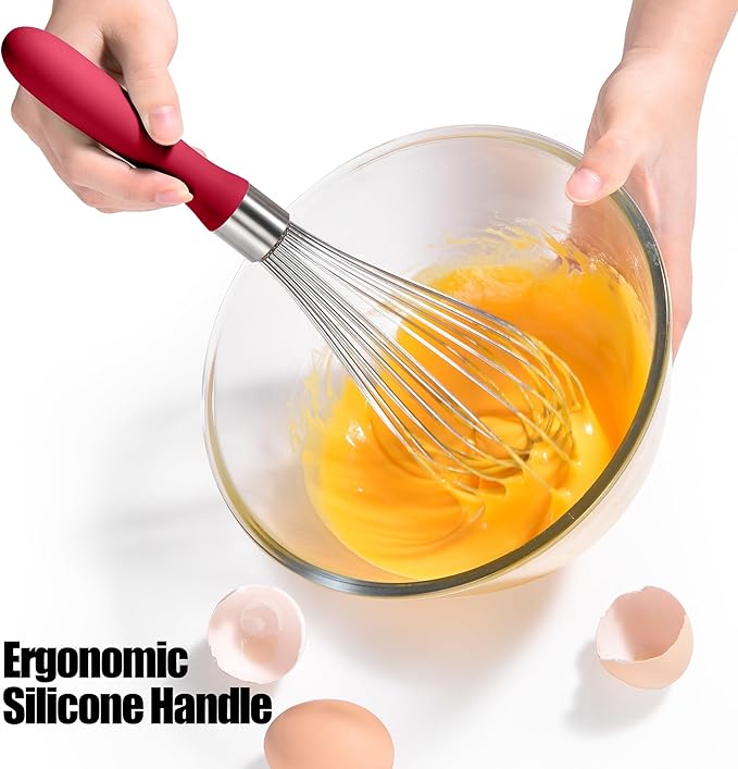 Doosu 18/8 Stainless Steel Balloon Whisk for Cooking (12 Wires, Red)