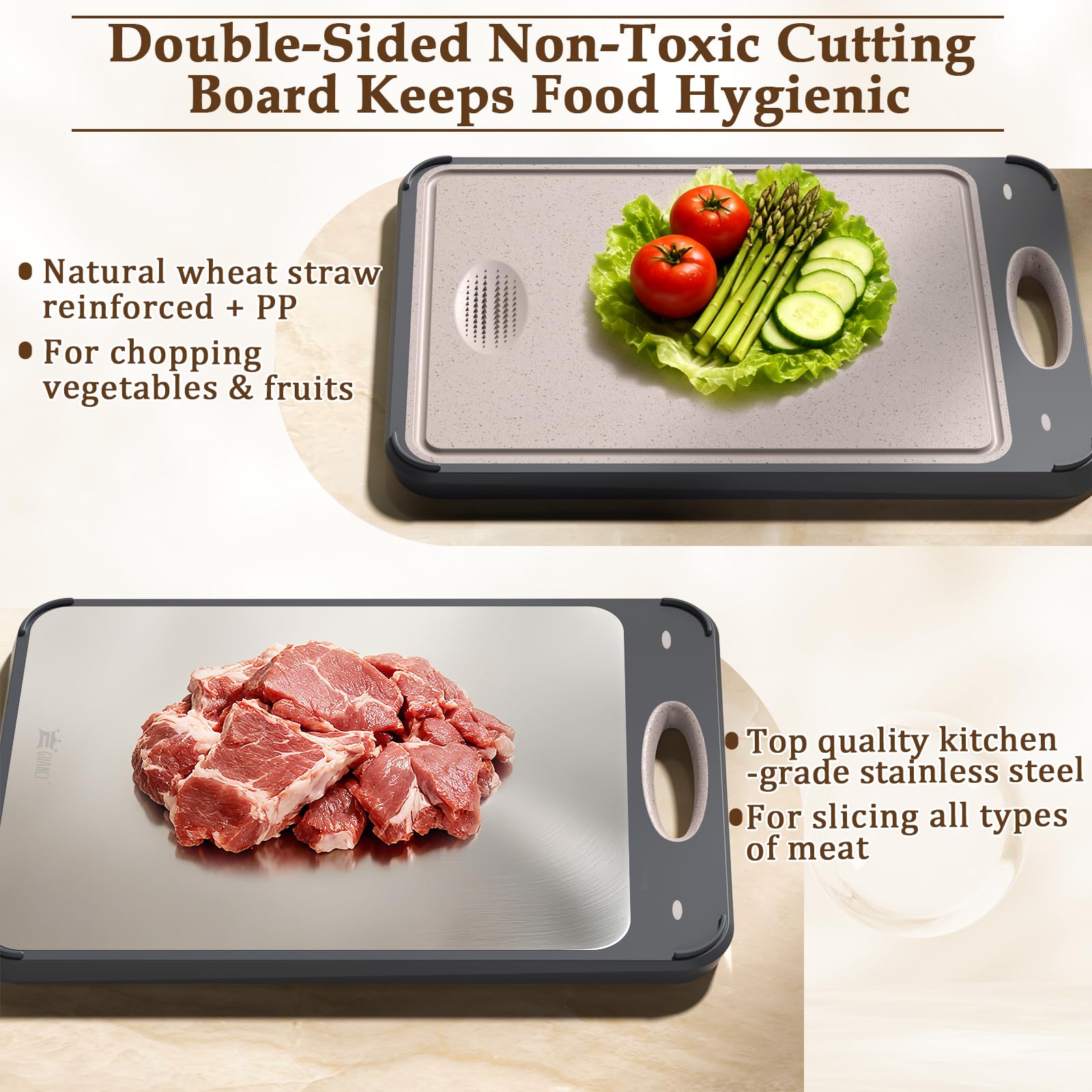 GUANCI Stainless Steel Cutting Board for Kitchen, Non Toxic 2-in-1 Double Sided Design, 304 Food Grade Stainless Steel & Wheat Straw PP, Durable Chopping Board for Meat & Vegetables, 14×9.6 Inch