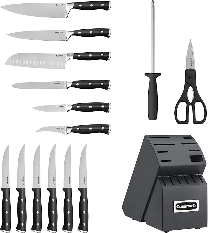 Cuisinart 15-Piece Knife Set with Block, High Carbon Stainless Steel, Forged Triple Rivet (Black/Black)