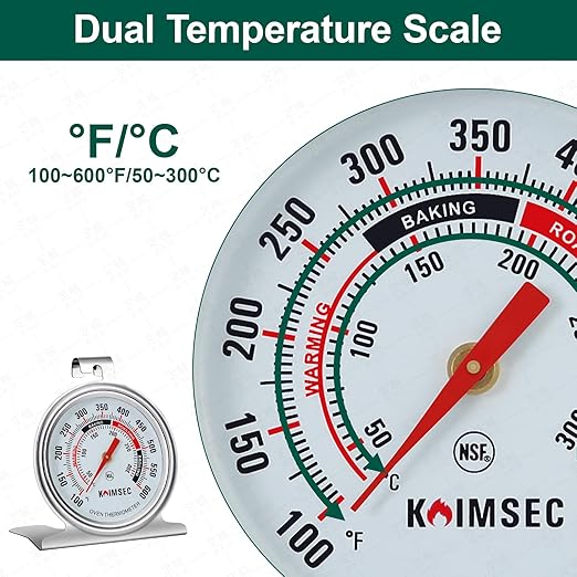 Oven Thermometer for Temperature Gauge, Safe for Inside Gas/Electric/Grill Smoker, Analog Dial Stainless Steel Oven Thermometers with Large Hanger & Baser for Instant Reading in Cooking Baking