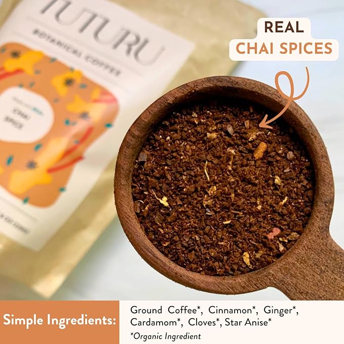 Organic Dirty Chai Ground Coffee - Medium Roast, Flavored Coffee - Real Chai Spices - Smooth Low-Acid- Perfect for Drip, Pour Over or Cold Brew - 8 oz, 22 Servings