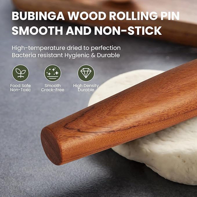 Sinotekk Natural Solid Bubinga Wood French Rolling Pin for Baking | Tapered Edges Type | High-Density Professional Dough Roller (French rolling pin - 15.75‘L)