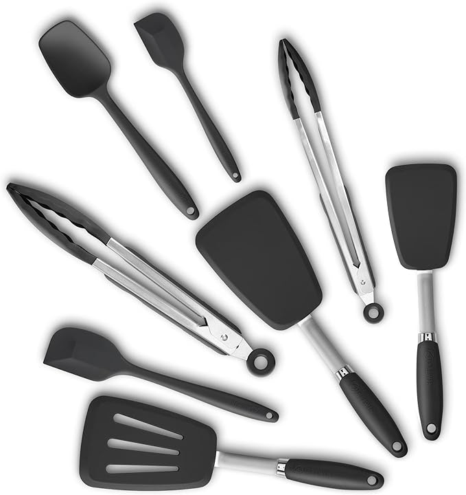 5-Piece Silicone Spatulas Set with Tongs, 446°F Heat Resistant, Black