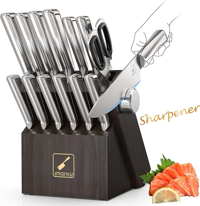 imarku G14 Japanese Kitchen Knife Set, Stainless Steel with Block, 14pc