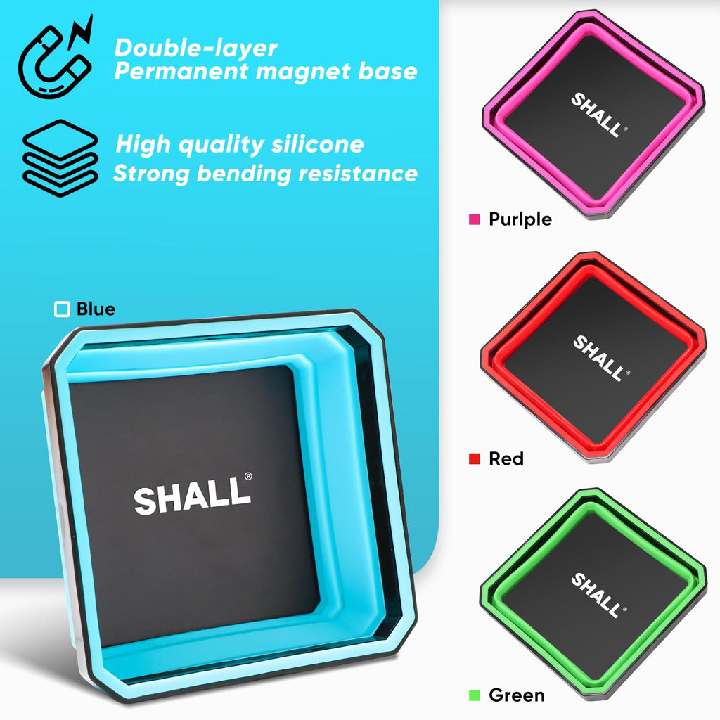 SHALL New Version Collapsible Magnetic Parts Tray Set, 4-Pack Magnetic Tool Trays for Screw Bolts Nuts Washers Pins & Small Metal Parts, 4.5” Square Silicone Foldable Bowls w/Dual-Sided Magnetic Base