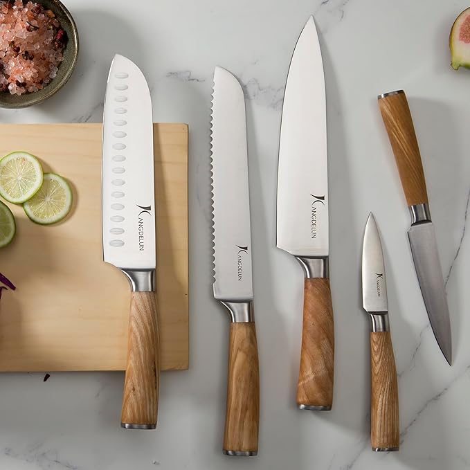 Kangdelun Ultra Sharp 14-Piece Kitchen Knife Set, High Carbon Stainless Steel Blades, Torrefied Natural Wood Handles, Ergonomic Design, Space-Saving White-Finished Wood Block, Easy Hand Wash, Gift Box
