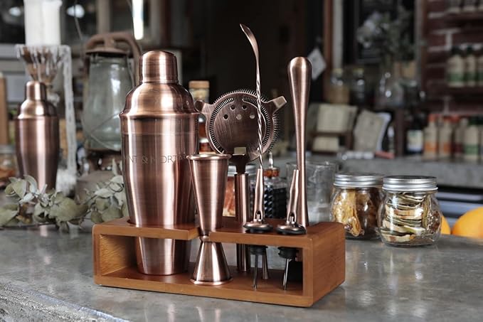 Mint & Mortar Cocktail Shaker Set – 7-Piece Stainless Steel Bartender Kit with Premium Bamboo Stand for Home Bartending - All-in-One Mixology Set for Beginners & Pros (Brushed Copper)