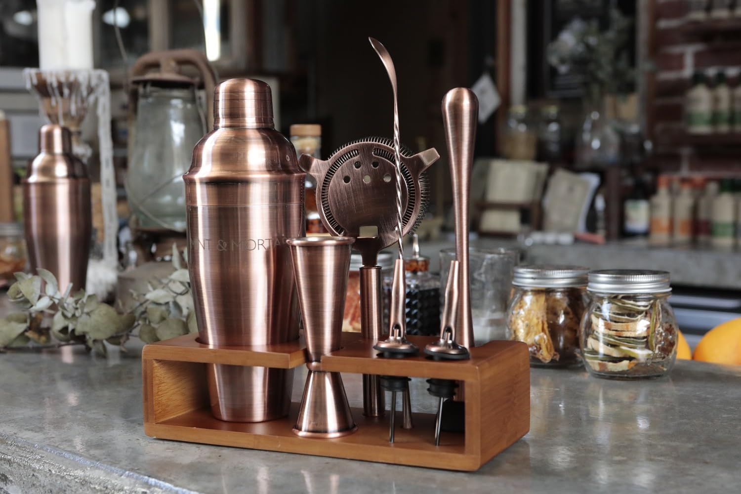 Mint & Mortar Cocktail Shaker Set – 7-Piece Stainless Steel Bartender Kit with Premium Bamboo Stand for Home Bartending - All-in-One Mixology Set for Beginners & Pros (Brushed Copper)