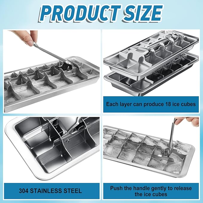 Yaocom 3 Pcs 18 Slot Stainless Steel Ice Cube Maker and Tray Ice Cube Tray for Bars Kitchens Levers Remove Cubes Easy Removal Metal Food Grade Freezer Molds for Food Juice Dishwasher Safe
