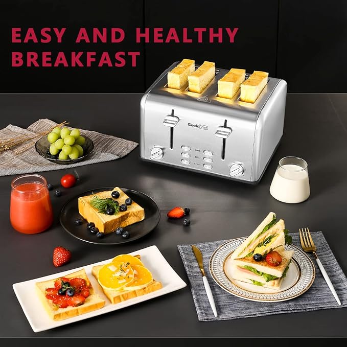 Toaster 4 Slice, Geek Chef Stainless Steel Extra-Wide Slot Toaster with Dual Control Panels of Bagel/Defrost/Cancel Function, 6 Toasting Bread Shade Settings, Removable Crumb Trays, Auto Pop-Up