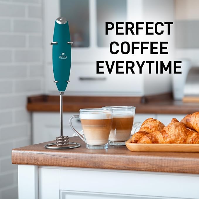 Zulay Kitchen Powerful Milk Frother Wand With Duracell Batteries - Ultra Fast Handheld Drink Mixer - Electric Whisk Foam Maker for Coffee, Lattes, Cappuccino & Matcha - Triple Whisk - Reign Emerald