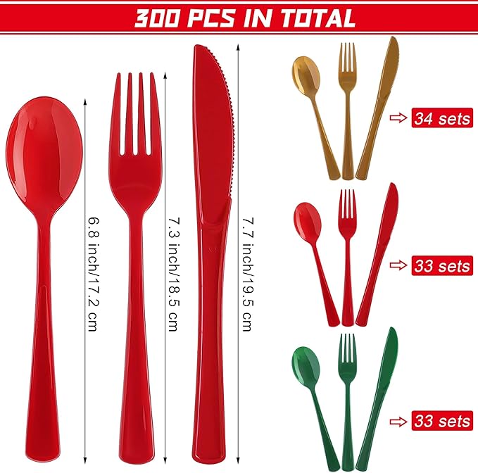 Kochorie 300 Pieces Christmas Plastic Silverware Heavy Duty Plastic Cutlery Set Heavyweight Disposable Flatware Includes Christmas Spoons Knives Forks for Christmas New Year Party