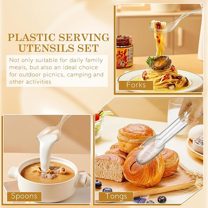 Mwellewm 36Pcs Serving Utensils Large Plastic Serving Utensils Set Serving Spoons for Buffet Clear Disposable Plastic Tongs 8.5'' Heavy Duty Slotted Spoons/Forks Supplies for Party Food Salad Soup