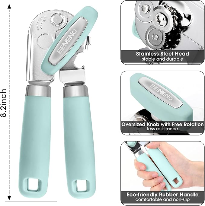 Beneno Heavy Duty Hand Can Opener Manual with Magnet Lid Remover, Mint