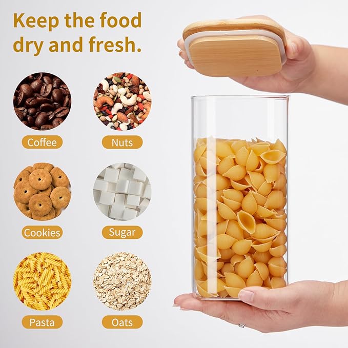 Spreccio Square Glass Food Storage Jars with Lids[Set of 5], Perfect for Pasta, Cookies, Nuts, Coffee, Cereal, Flour,Organize Your Kitchen and Pantry with these BPA-Free Glass Jars with Canisters