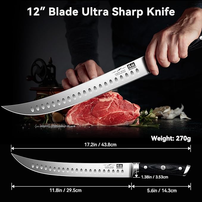 SHAN ZU 12" Slicing & Brisket Carving Knife with Wood Handle - Full Tang