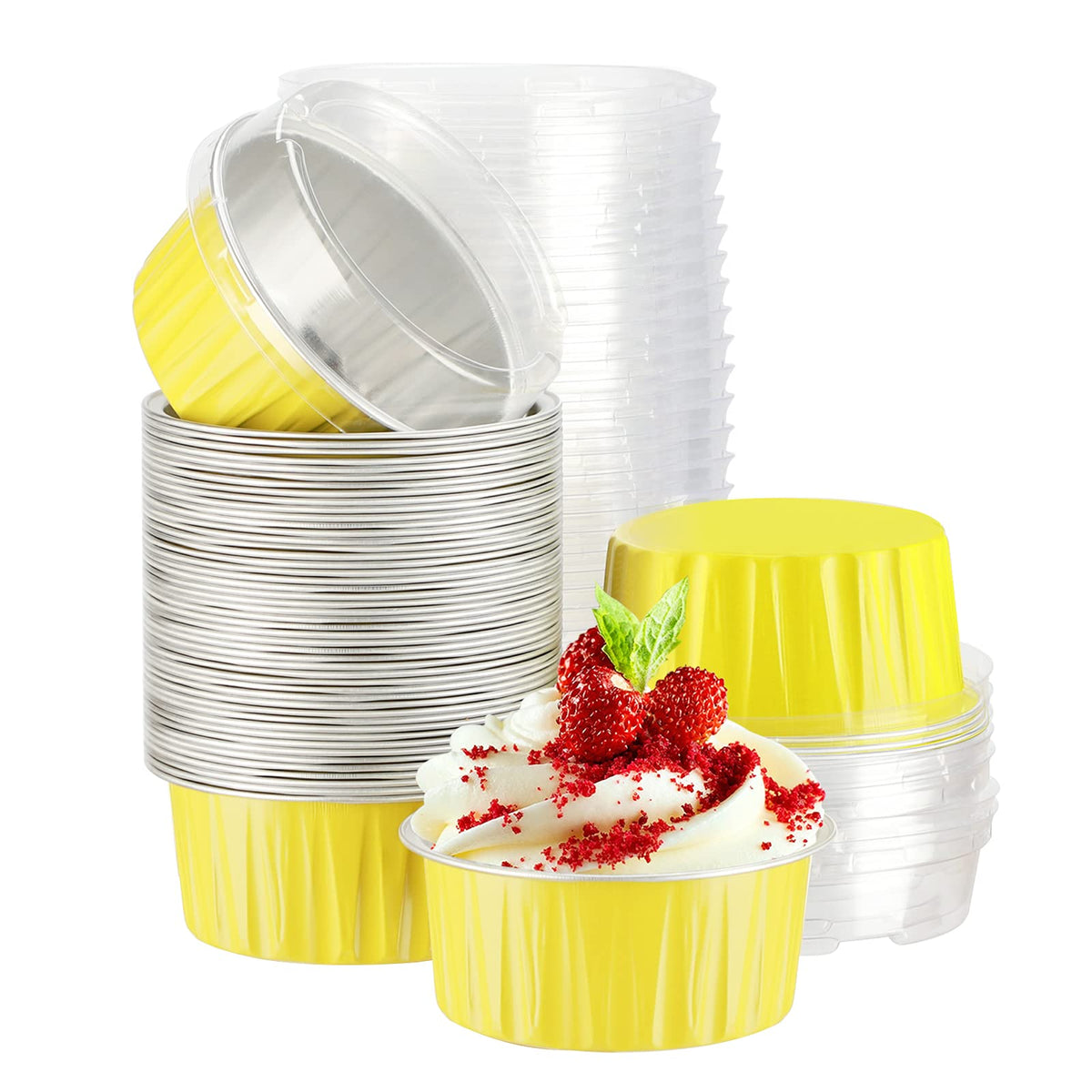 EUSOAR Cupcake Liners for Baking, 50pcs 5oz Muffin Liners, Disposable Foil Ramekins, Dessert Containers, Aluminum Foil Baking Cupcake Cups Holders Pans with Lids 5 Colors Mixed