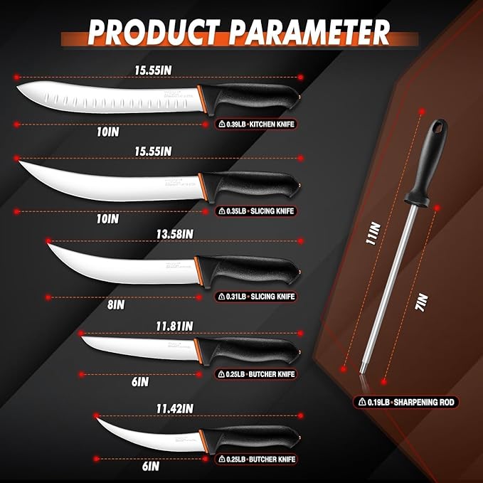 TIVOLI Butcher Knife Set 6 pcs - Game Processing Knife Set 7" Sharpener Rod