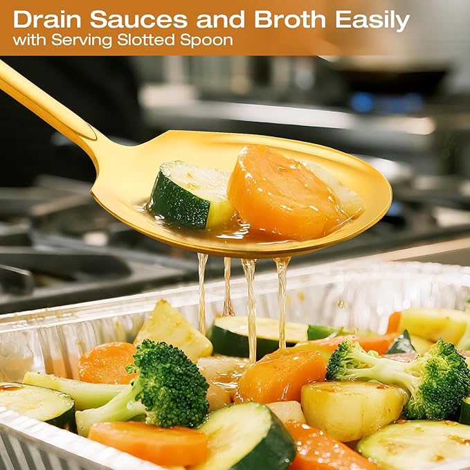 Extra Large Serving Spoons Set of 6-Piece, 11.7-Inch Gold Serving Slotted Spoon x 3 Serving Spoon x 3, Stainless Steel Serving Utensil for Buffet, Parties, Catering - Dishwasher Safe(6-Pack, Gold)
