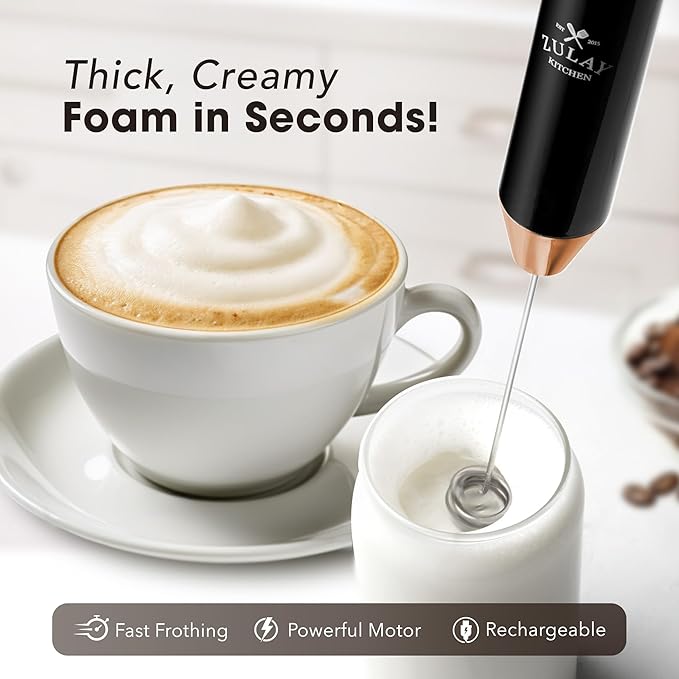 Zulay Kitchen Rechargeable Milk Frother Handheld - Frother Wand, Drink Mixer, Electric Whisk Frother, for Cappuccinos, Matcha & Protein Powder - Lux 4 Whisk 2 Speed Waterproof 2000mAh Black Copper