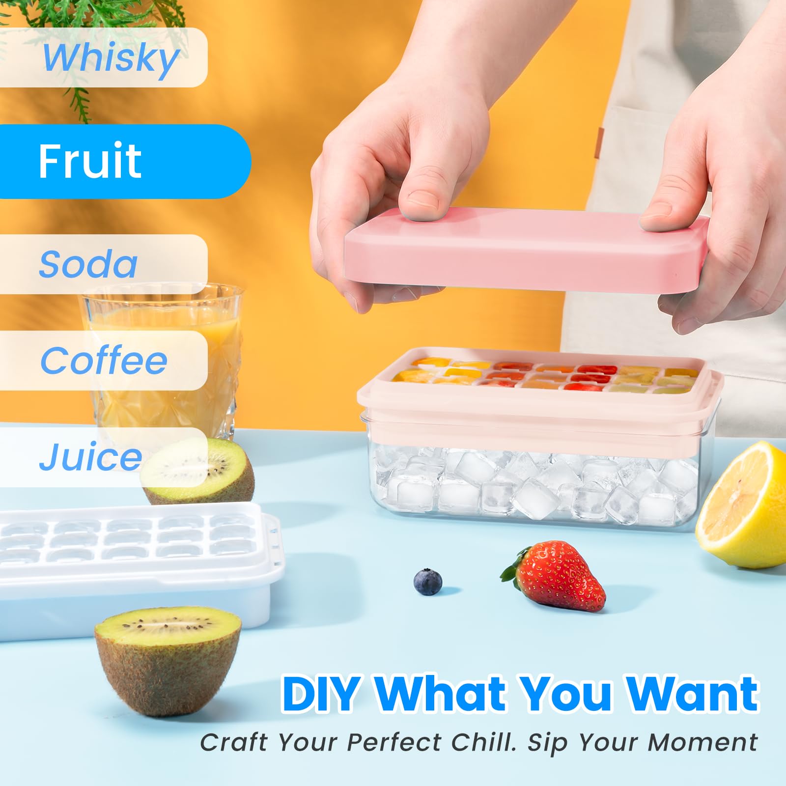 PHINOX Ice Cube Tray with Lid and Bin, Easy Release 84 Cubes for Freezer