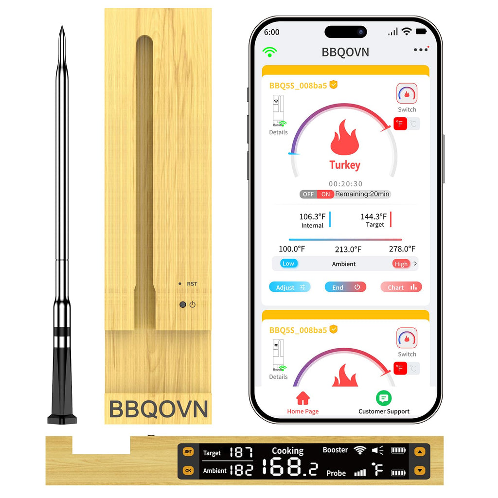 BBQOVN WiFi Sub-1G Wireless Meat Thermometer Unlimited Range, Check Temp Anywhere,7 NIST Certified Sensors with Ambient Temp, Monitor for BBQ, Grill, Oven, Smoker, Air Fryer (Harvest Bamboo)