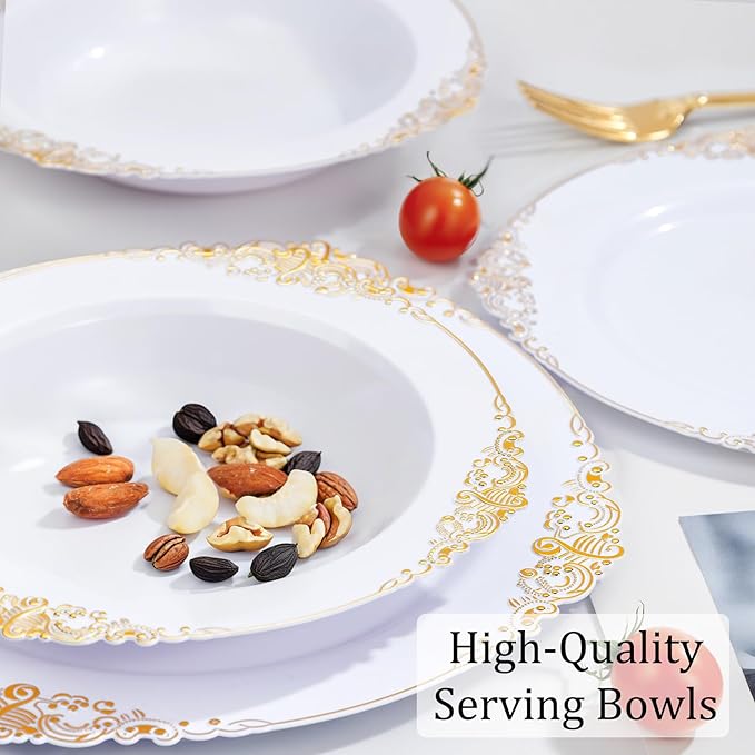Nervure 50PCS White Plastic Bowls with Gold Rim - 12oz Disposable Soup Bowl