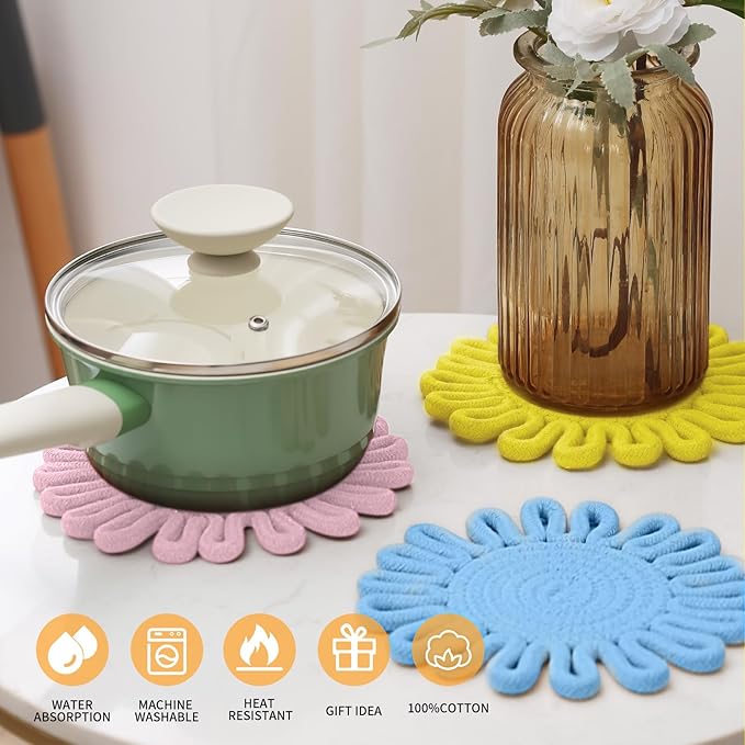 7.5 Inch Trivets for Hot Dishes, Trivet for Pots and Pans, Thick Heat Resistant Hot Pads, Potholders for Kitchen, Colorful Boho Trivets, Table Decorations, Kitchen Essentials for New Home (Blue)