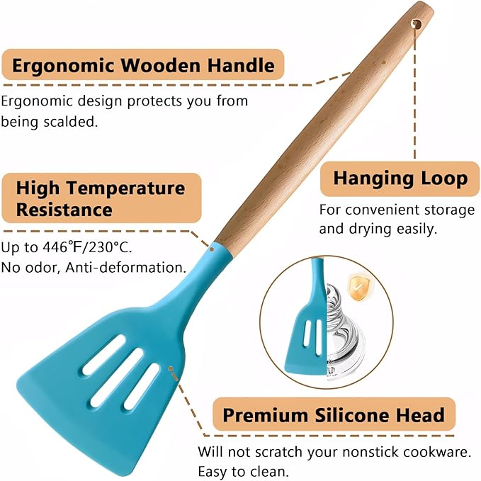 IOCBYHZ Kitchen Utensils Set 6-Piece Non-Stick Silicone Cooking Utensils Set, Wood Handle Heat Resistant Spatula Spoon Turner Ladle Pasta Server Cooking Kitchen Gadgets BPA Free for Nonstick Cookware
