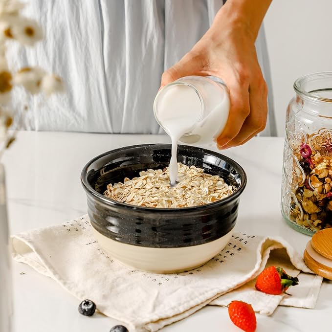 HASENSE Ceramic Cereal & Soup Bowls Set of 6, 20 Oz Black & Beige Stackable Stoneware Bowls, Farmhouse Bowls for Ramen, Salad, Oatmeal & Rice, Dishwasher & Microwave Safe
