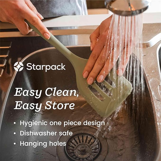 Starpack Stir and Serve Silicone Cooking Utensils Set (5-Piece, 11") - LFGB Non Toxic, 600°F Heat Resistant, BPA-Free - One-Piece Seamless, Dishwasher Safe - for Nonstick Cookware, Sage Green