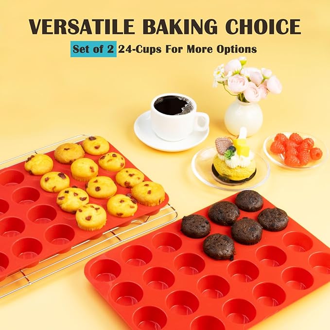 LERIYUFS 24 Cups Silicone Mini Muffin Pan Set, Nonstick Mini Cupcake Pans, BPA Free Small Muffin Tin for Baking, Set of 2 (Red+Red)