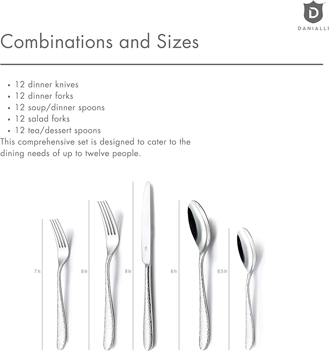 DANIALLI Hammered Silverware Set | Premium 18/10 Stainless Steel Flatware Service for 12 | Heavy-Duty & Dishwasher Safe | Built to Last (60-Piece, Fidenza Hammered)