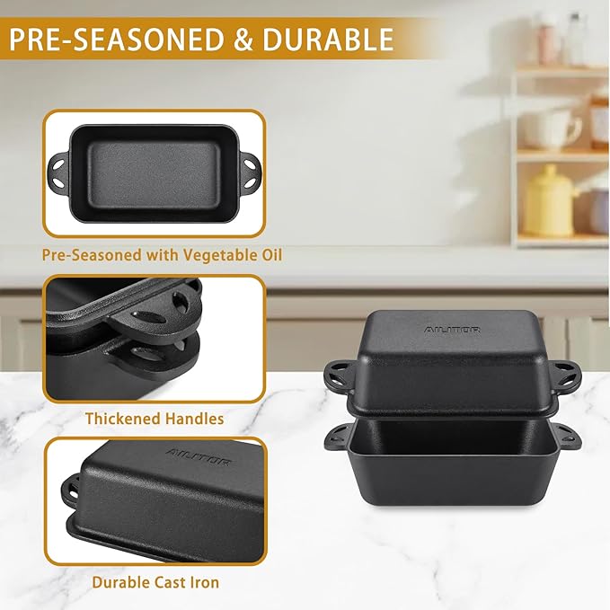 AILITOR Cast Iron Loaf Pan with Lid 9x5 Inch - Bread Baking Pans for Homemade Bread, 2 Piece Set