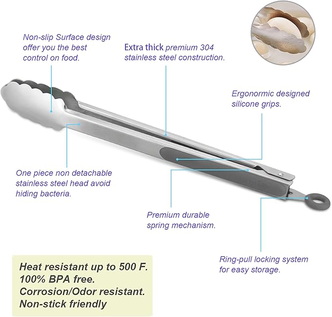 304 Stainless Steel Kitchen Cooking Tongs, 14 & 16 Inch, Set of 2, Grey